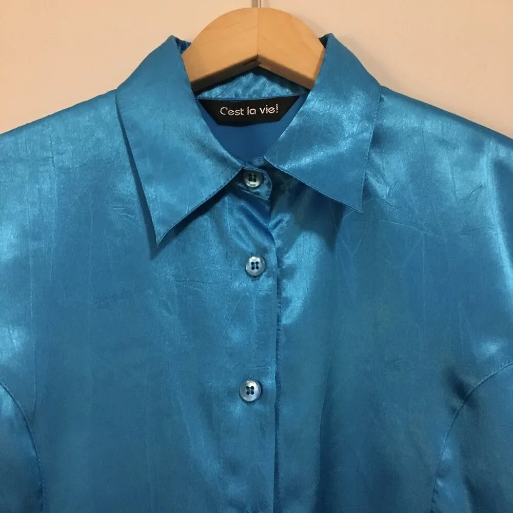 C'est La Vie Vintage Satiny Cyan Blue Retro Button Down Dress Shirt Canadian - M - Picture 3 of 16